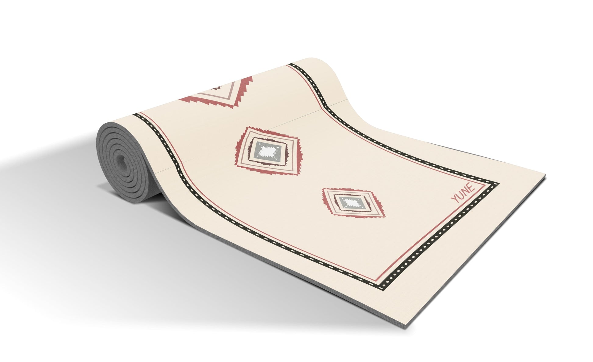 Tapis de yoga beige antidérapant, motif géométrique, logo Yune, roulé