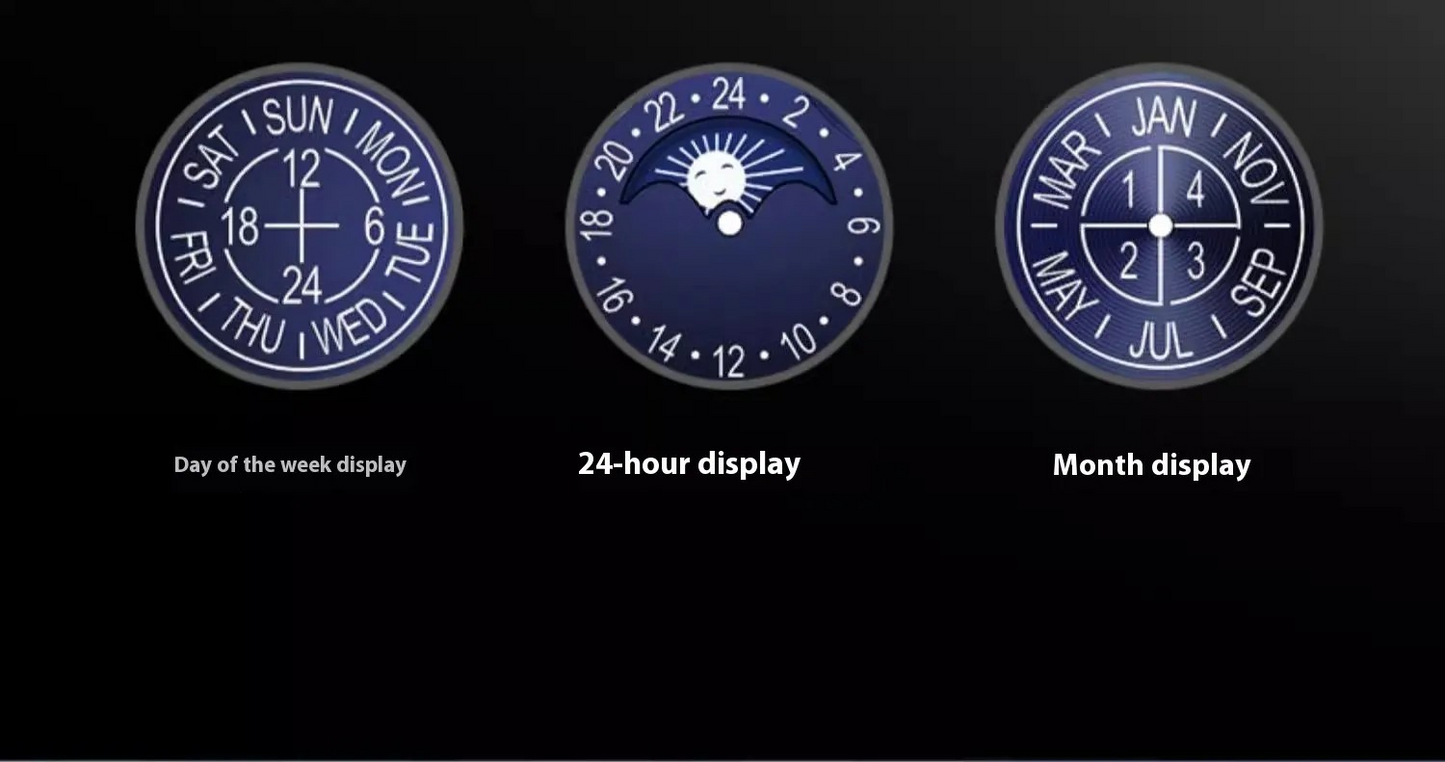 Affichages de cadran de montre : jour de la semaine, 24 h et mois