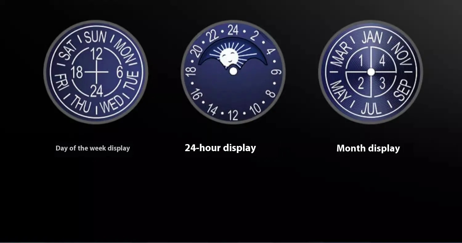 Affichages de cadran de montre : jour de la semaine, 24 h et mois