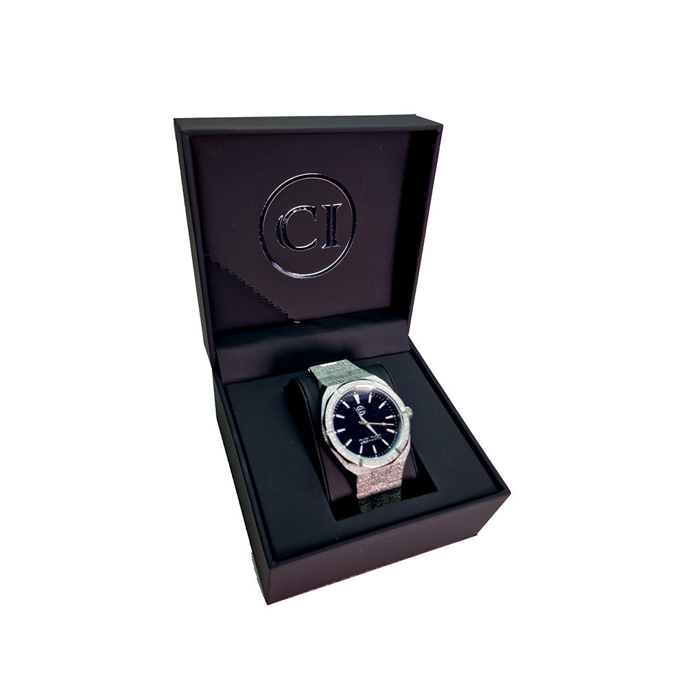 Montre CRLi pour homme dans son écrin, cadran bleu foncé, bracelet acier texturé