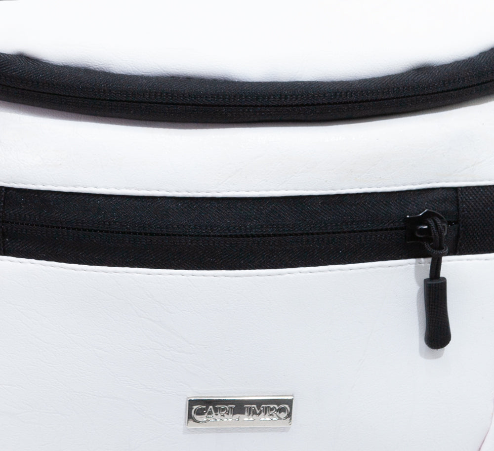 Sac banane blanc en cuir PU, fermeture éclair noire et tirette, plaque métallique