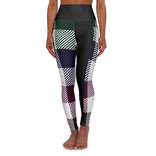 Legging fitness taille haute noir, blanc et motif géométrique écossais vert, bleu, bordeaux
