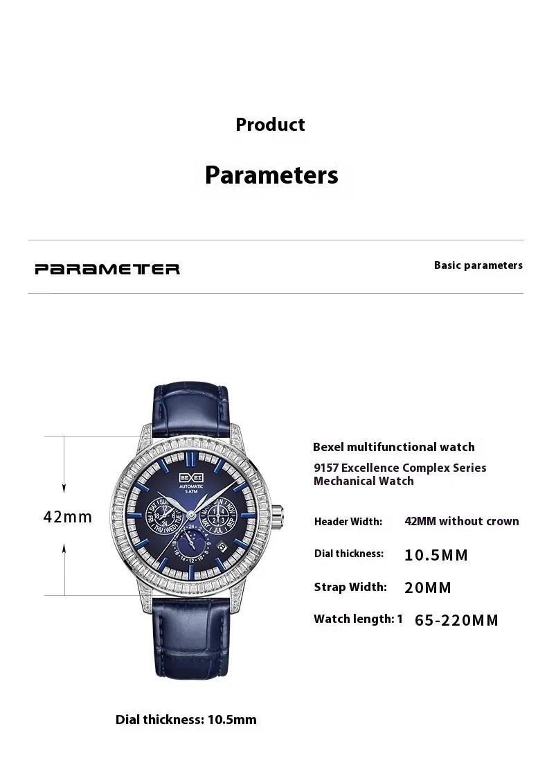 Page paramètres : montre BEXEI® avec schéma et mesures