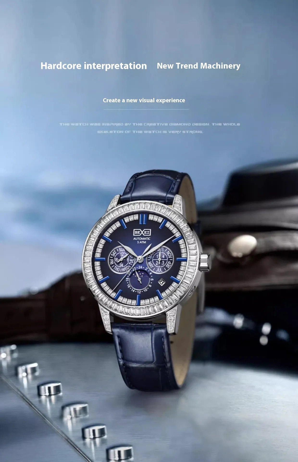 Montre BEXEI® avec cadran bleu, bracelet en cuir bleu foncé et lunette sertie